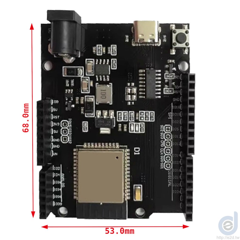 UNO D1 R32 ESP32開發板 Type-C介面正面圖