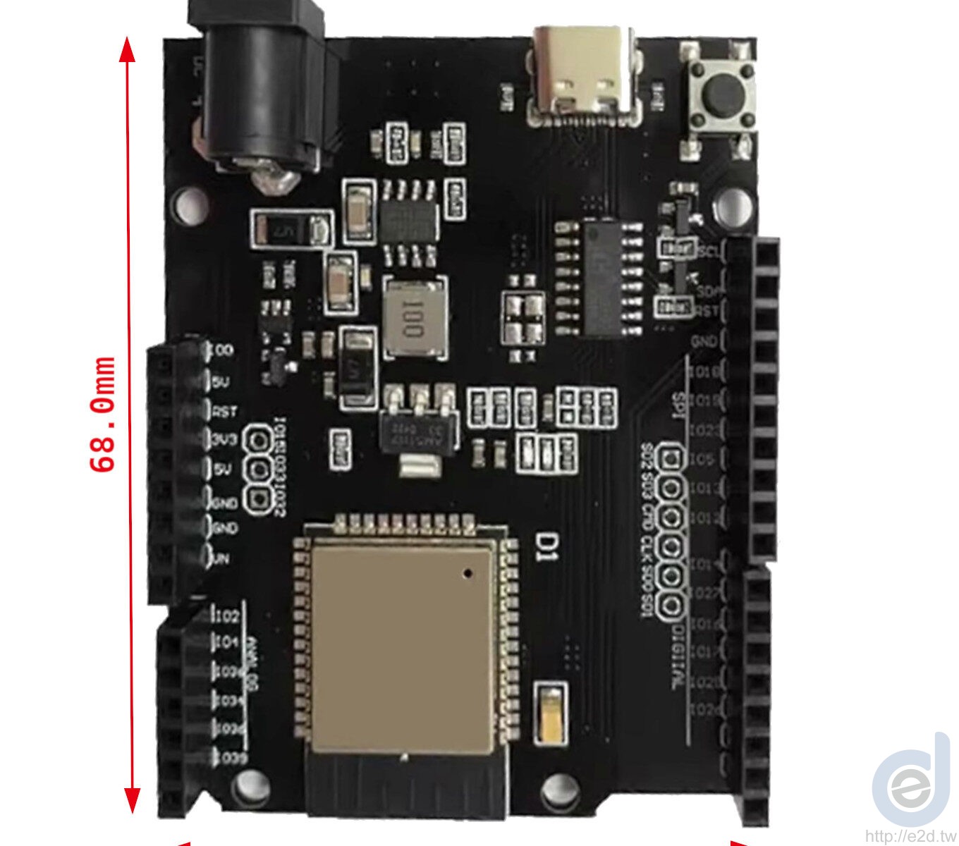 UNO D1 R32 ESP32開發板 Type-C介面正面圖